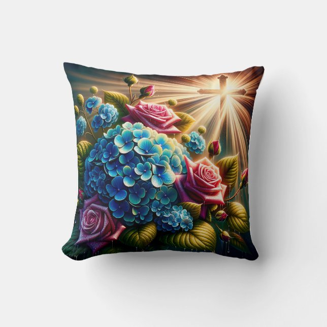 "Ro och Hydrangeas med Kor-Andlig Art" Kudde (Framsida)