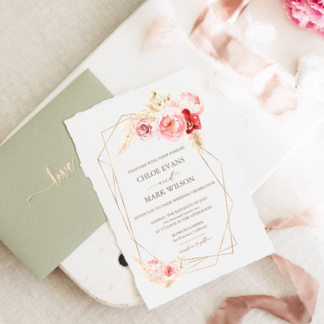 Ro och Pampas Grass Guld Ram Bröllop Inbjudningar (Skapare uppladdad)