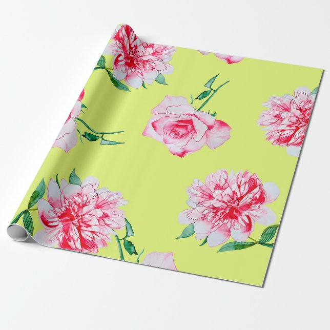 Ro och Peonies vattenfärgsillustration Presentpapper (Utrullad)
