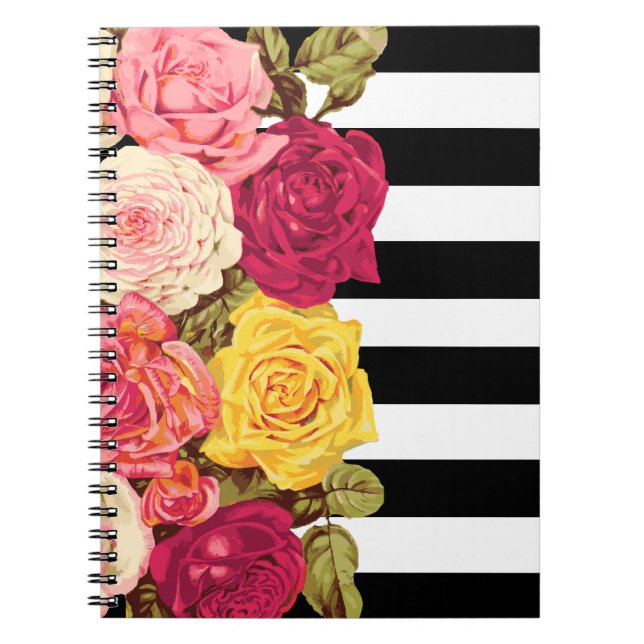 Ro om Chicen Modern Black & White Rand Florist Anteckningsbok (Framsidan)