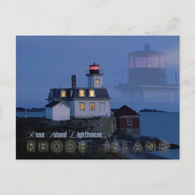 Ro-ön fyr på natten, Rhode island Vykort (Framsida)