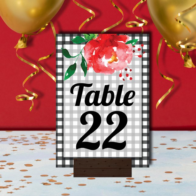 Ro på Black and White Gingham Derby Day Bordsnummer (Red rose on black and white gingham Derby day table number cards 3.5" x 5")
