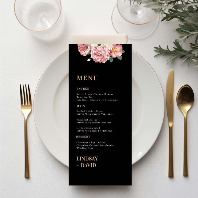 Ro Peony Flowers på Black Menu Card Meny (Skapare uppladdad)