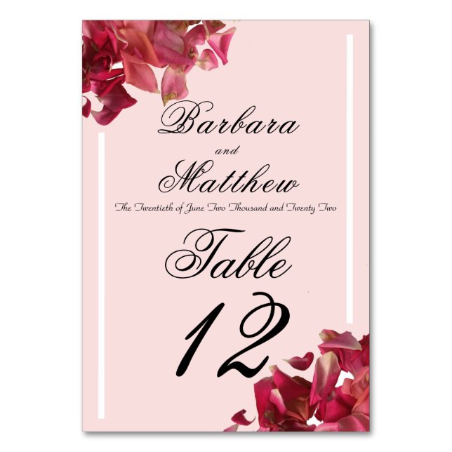 Ro Petal Rosa Romantic Reception Bord Card Bordsnummer (Framsidan)