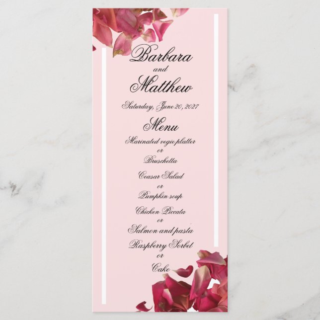 Ro Petal Rosa Romantic Wedding Reception Menu Meny (Framsida)
