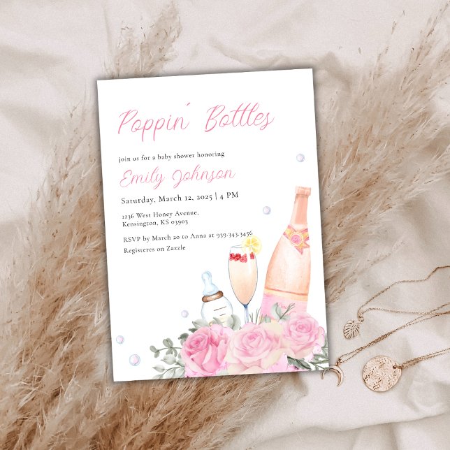 Ro Poppin Flaskor Champagne Girl Baby Shower Inbjudningar (Rose Poppin Bottles Champagne Girl Baby Shower Invitation)
