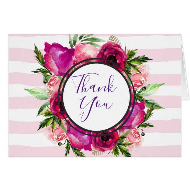 Ro & Poppy Blommigt Bouquet med Rosa Rand Tack Hälsningskort (Framsidan Horizontal)