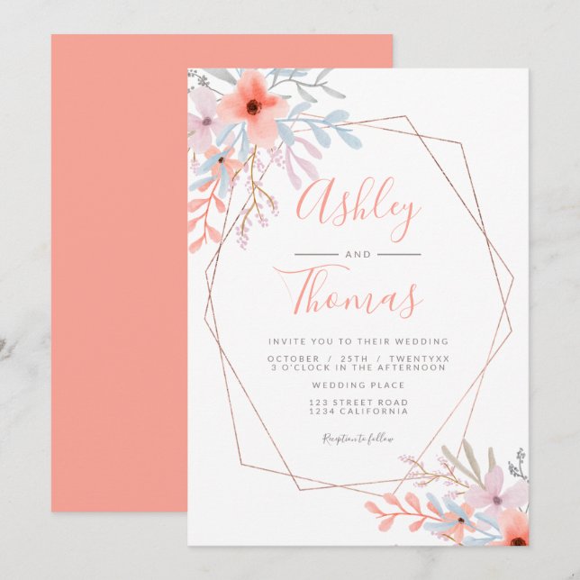 Ro ram blommigt korallvattenfärg bröllop inbjudningar (Fram/baksida)