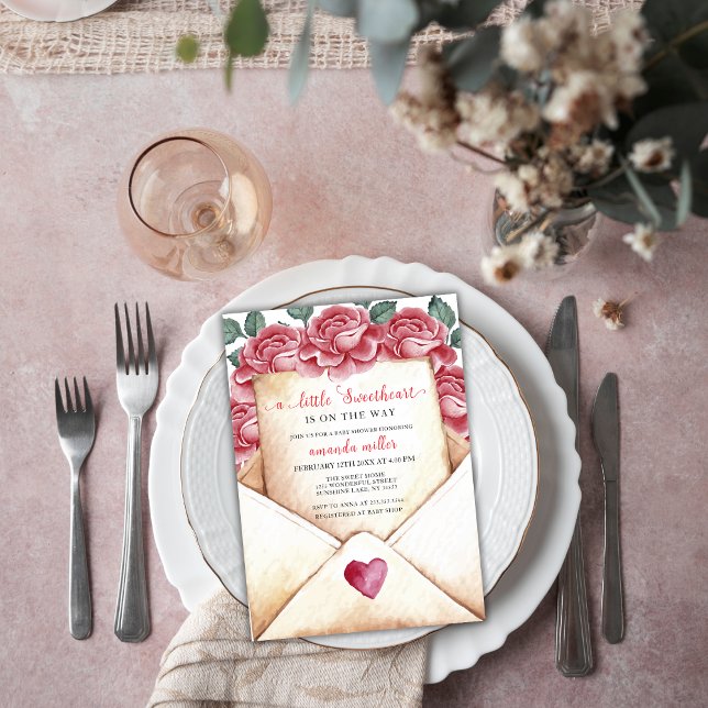 Ro, raring Brev Valentine Baby Shower Inbjudningar (Rose Sweetheart Letter Valentine Baby Shower Invitation)
