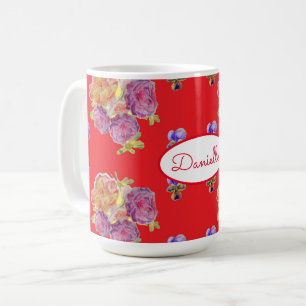 Ro Red Blommigt Rosor Vintage Garden Womans Retro Kaffemugg