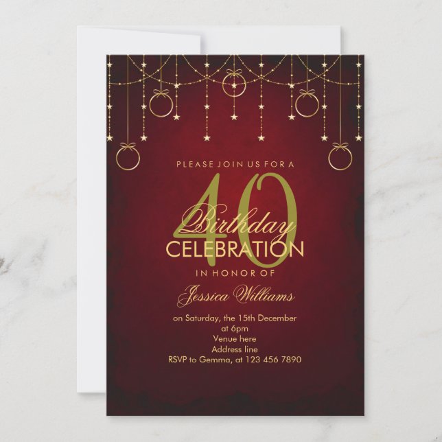 Ro Red & Guld Glitter Dekoration Birthag Inbjudningar (Framsida)