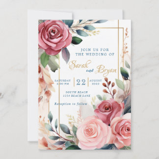 Ro Rosa Blommigt Greenery Boho bröllopsinbjudan Inbjudningar