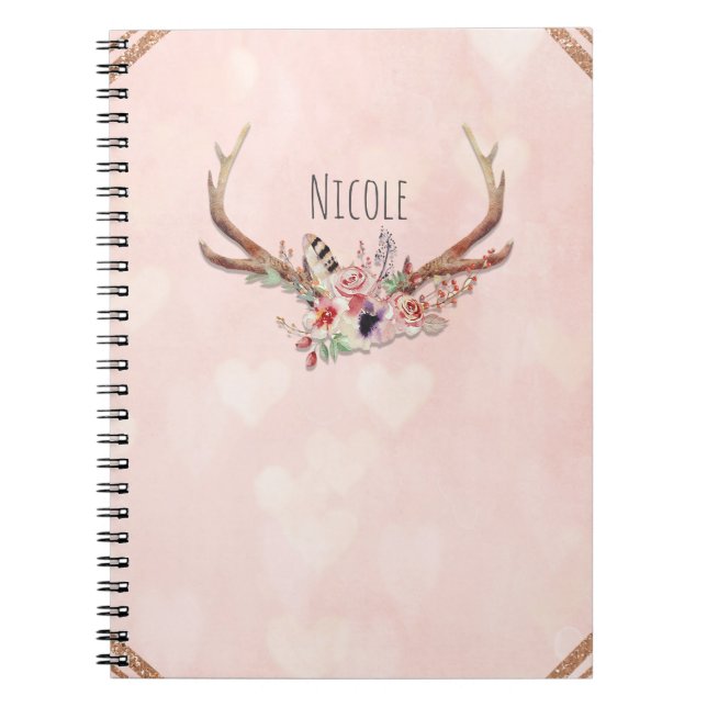 Ro  Rosa Blommigt Hjort Antlers Boho Chic Anteckningsbok Med Spiral (Framsidan)