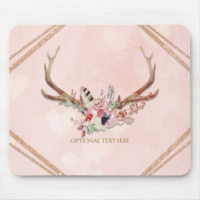 Ro  Rosa Blommigt Hjort Antlers Boho Chic Glam Musmatta (Framsidan)
