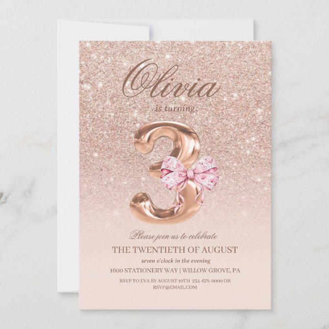 ro Rosa Bow Födelsedagsfest vid tredje födelsedag Inbjudningar (Framsida)