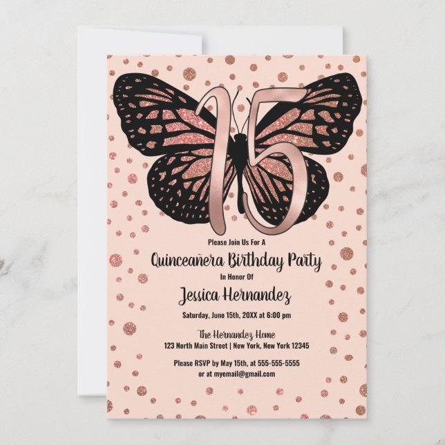 Ro Rosa Butterfly Glitter Confetti Quinceañera Inbjudningar (Framsida)