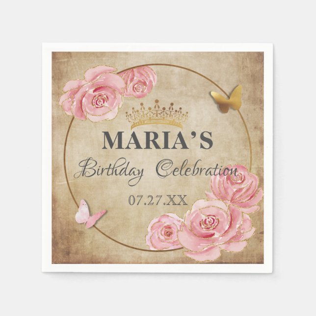 Ro  Rosa Butterfly Krona Guld Quinceanera Pappersservett (Framsidan)