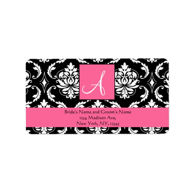 Ro Rosa Damask Monogram Bröllop Adressetiketter (Framsidan)