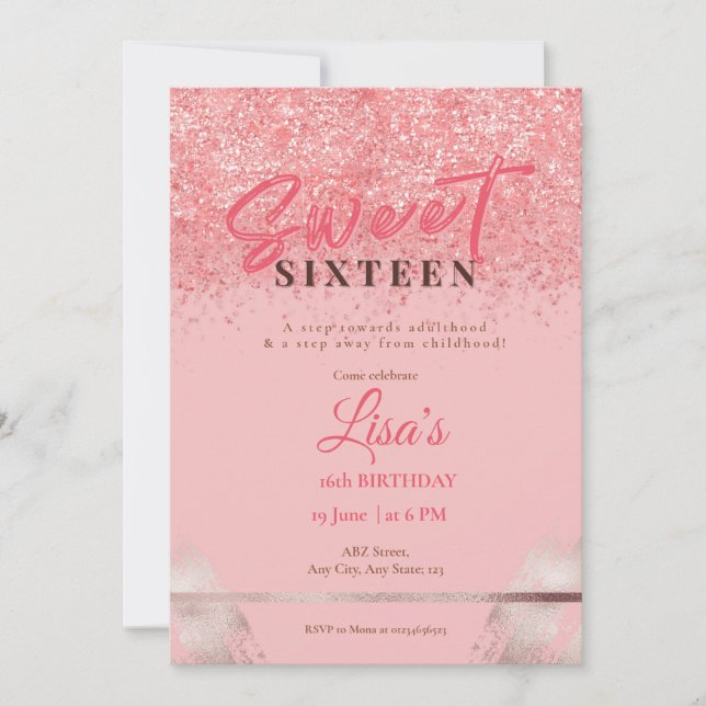 Ro Rosa glitter sweet sixteen födelsedag Inbjudningar (Framsida)