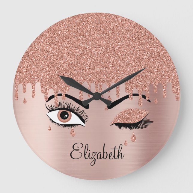 Ro Rosa Guld Eyelash Drickning Glitter Stor Klocka (Framsida)