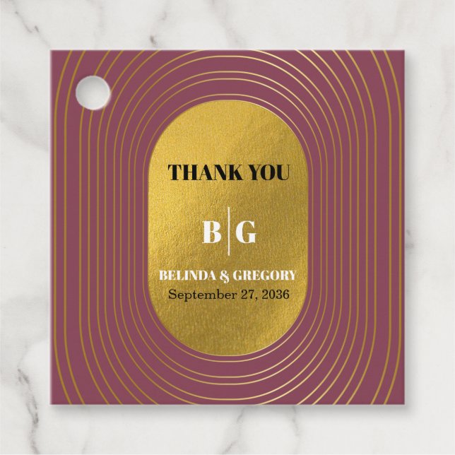 Ro Rosa & Guld Modern minimalistisk Arch Bröllop Gåvor Etiketter (Framsida)