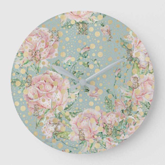 Ro rosa guld-polka-blommönster stor klocka (Framsida)