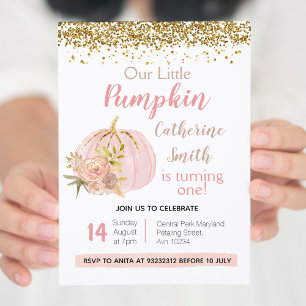 Ro Rosa Guld Pumpkin 1:a födelsedag Inbjudningar