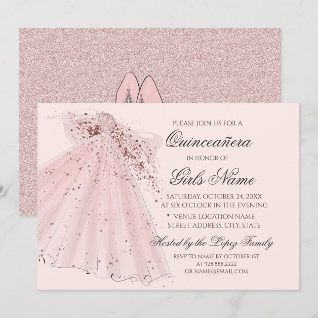 Ro Rosa Heels och Gown Quinceañera Inbjudningar (Fram/baksida)