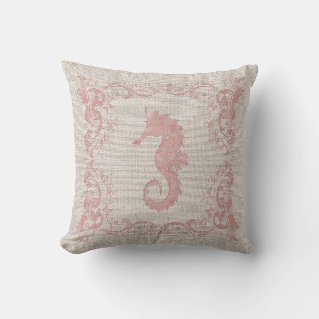 Ro Rosa och Beige Seahorse Coastal Stil Kudde (Framsida)