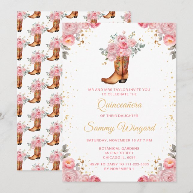 Ro Rosa och Guld Blommigt Cowboy Boot Quinceañera Inbjudningar (Fram/baksida)