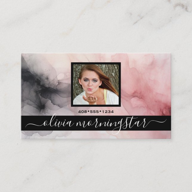 Ro Rosa och svart, mjuk vattenfärg QR och foto Visitkort (Framsida)