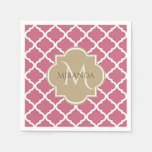 Ro Rosa Quatrefoil Mönster med stort Tan Monogram Pappersservett