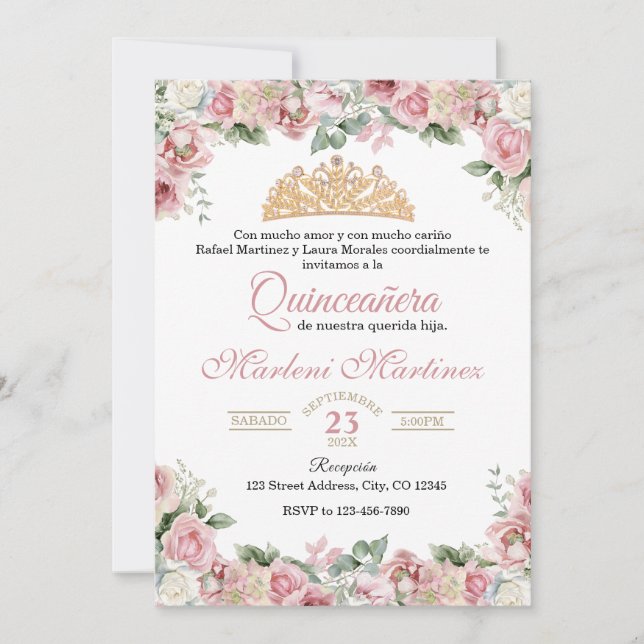 Ro Rosa Quinceañera Blommigt Inbjudningar (Framsida)