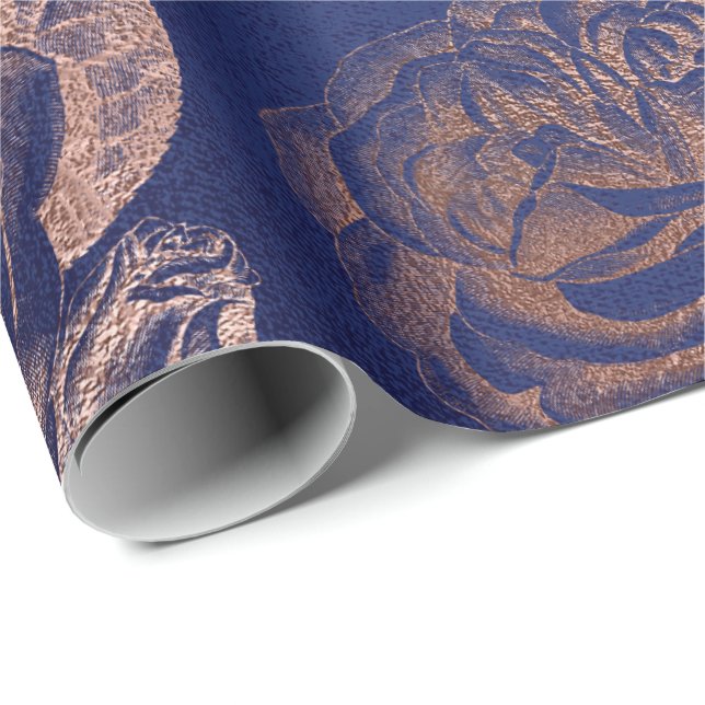 Ro Rosa ros Guld Metallic Blommigt Blue Marine Presentpapper (Rullad Hörn)