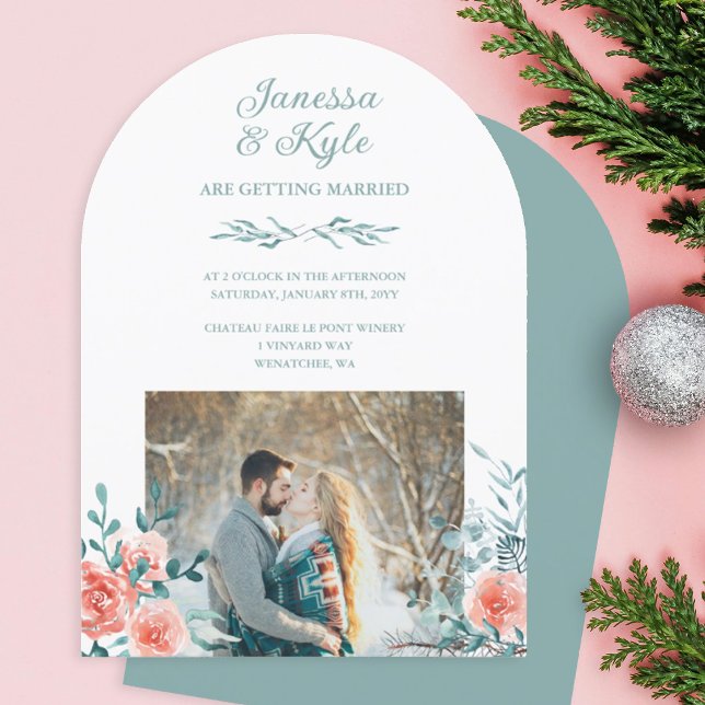 Ro-Rosa ros, Ljust grönt Eucalyptus Bröllop Inbjudningar (peach roses, light green eucalyptus leaves winter wedding invitation)