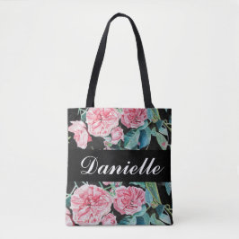 Ro Rosa ros Retro-Blommigten Flower on Black art Tygkasse