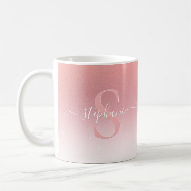 Ro Rosa Shimmer Glitter Girly Monogrammed monogram Kaffemugg (Vänster)