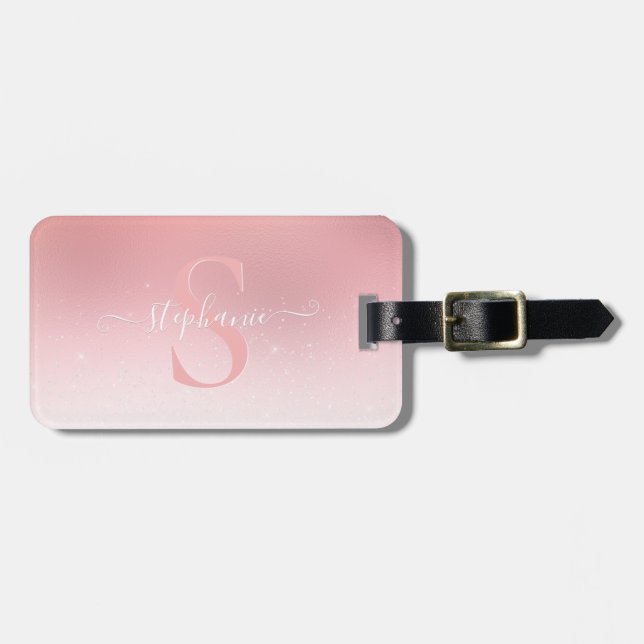 Ro Rosa Shimmer Glitter Gnistra Monogrammad Bagagebricka (Horisontell Framsida)