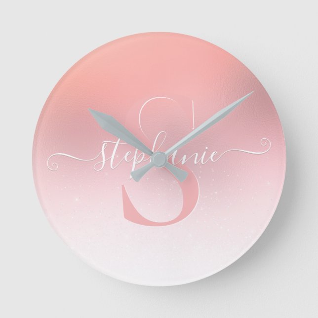 Ro Rosa Shimmer Glitter Gnistra Monogrammad Rund Klocka (Framsida)