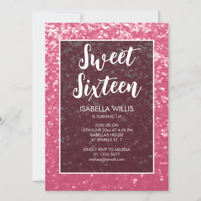 Ro rosa sparkles Sweet 16 elegant script Inbjudningar (Framsida)