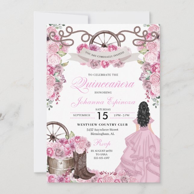 Ro Rosa Western Ranchero Quinceanera Inbjudningar (Framsida)