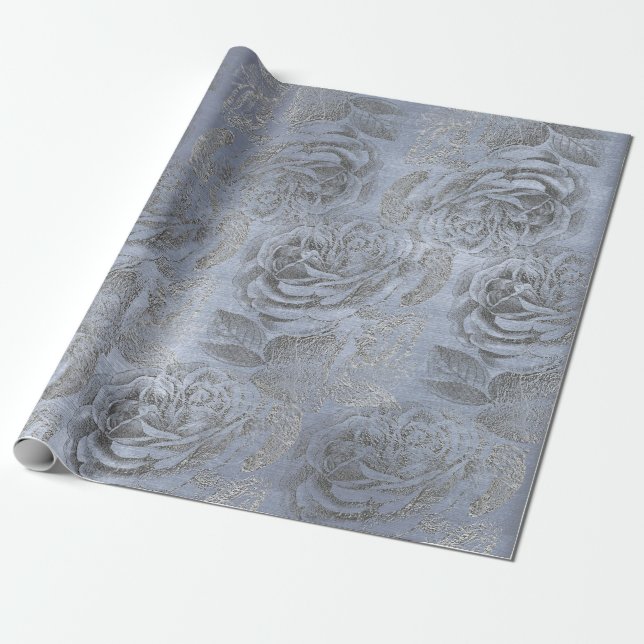 Ro Silver Grått Blommigt Blue Pastel Velvet Presentpapper (Utrullad)