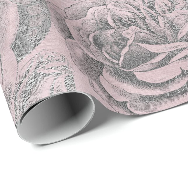 Ro Silver Grått Blommigt Rosa ros Pastel Velvet Presentpapper (Rullad Hörn)