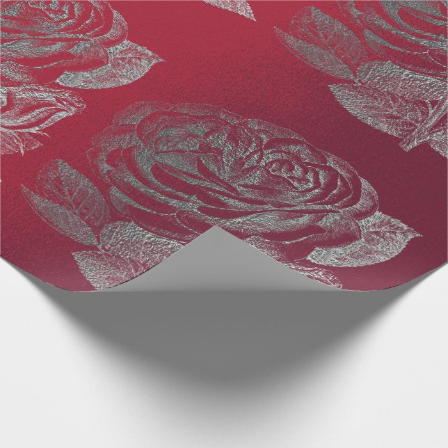 Ro Silver Grått Metallic Blommigt Red Vin Chic Presentpapper (Hörn)