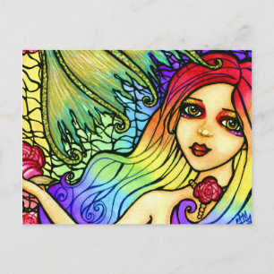 Ro Sjöjungfru Söt Rainbow Girl Postcard Vykort