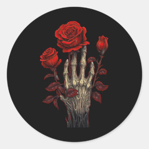 Ro Skeleton Skullhandshand Röd blomma Ro 1 Runt Klistermärke