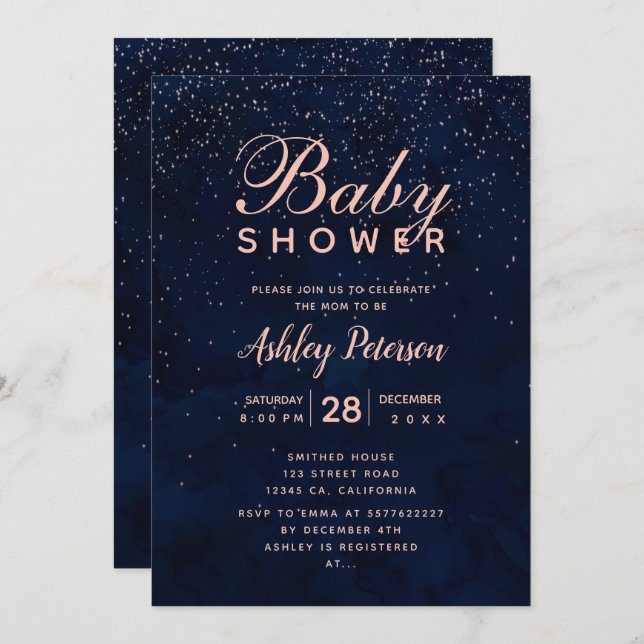 Ro-stjärnor guld: mardrömsblå vattenfärgdusch inbjudningar (Fram/baksida)