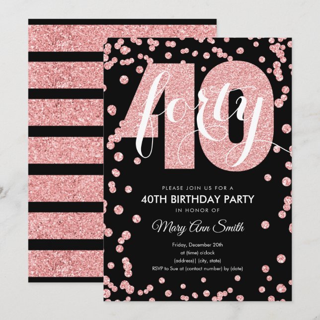 Ro Svarta Glitter, 40:e födelsedagen, Party Inbjudningar (Fram/baksida)