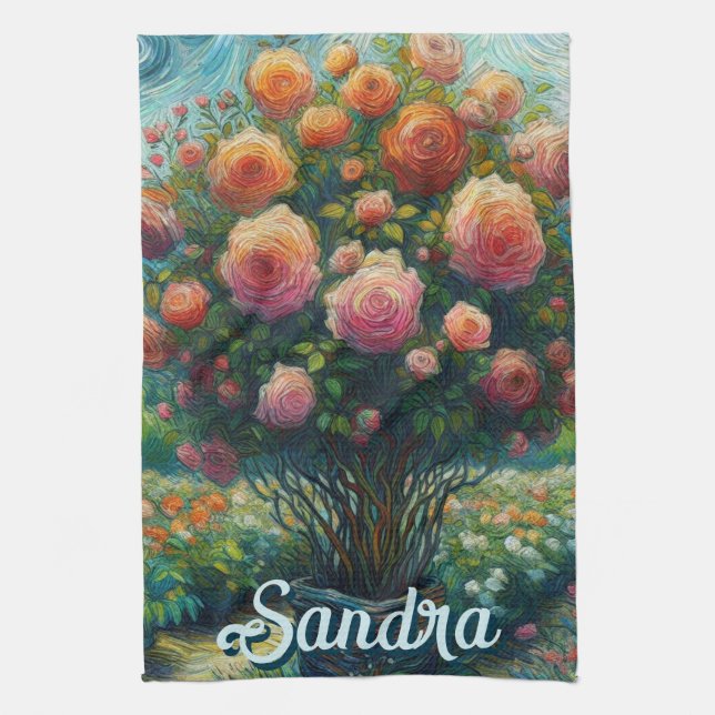 Ro Topiary Van Gogh Stil Rosor Blommigt Rosa  Kökshandduk (Vertikal)