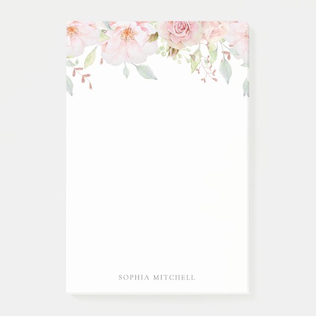 Ro | Trendig Rosa Blommigt Vattenfärg Post-it Block (Framsida)